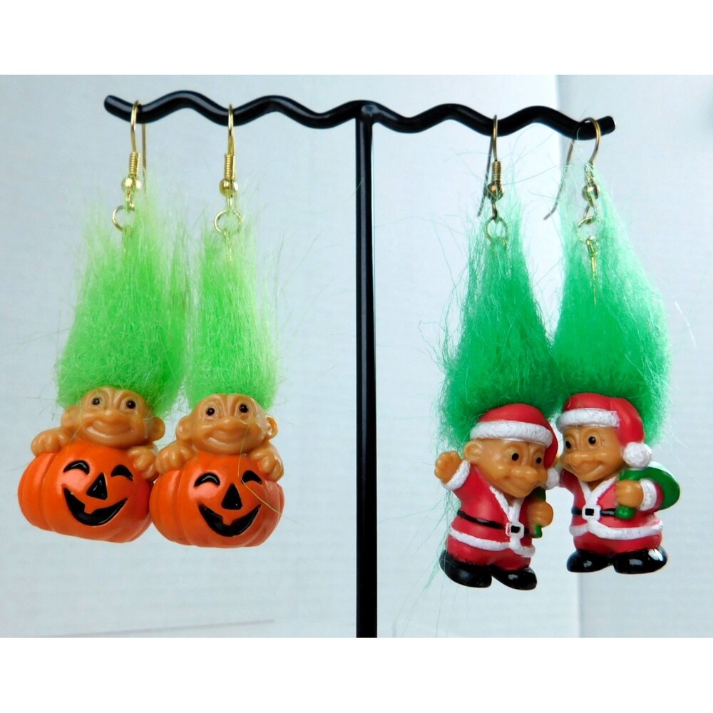 Russ Troll Earrings Christmas Halloween Lot of 2 Vintage Resin Pierced Dangle